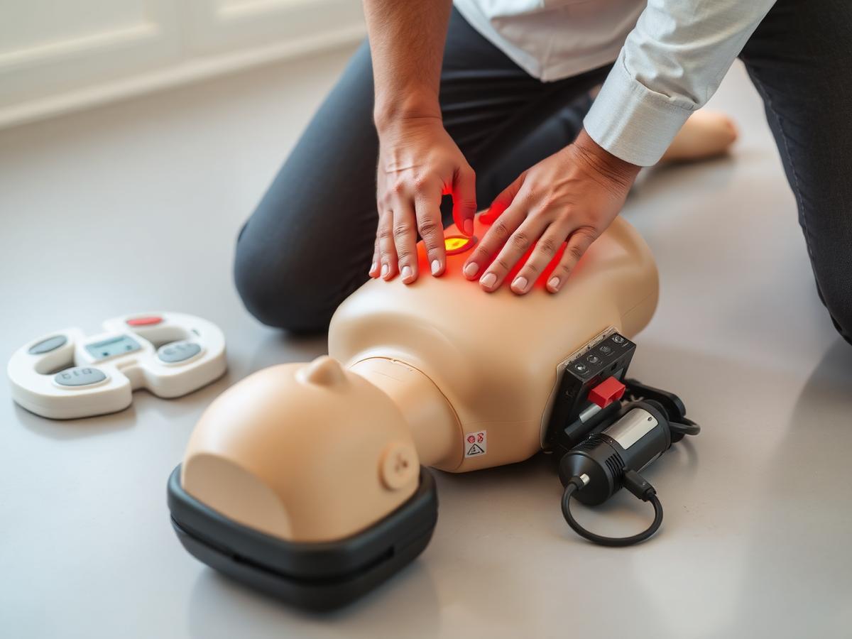 Hands practicing chest compressions on a CPR manikin beside an AED trainer