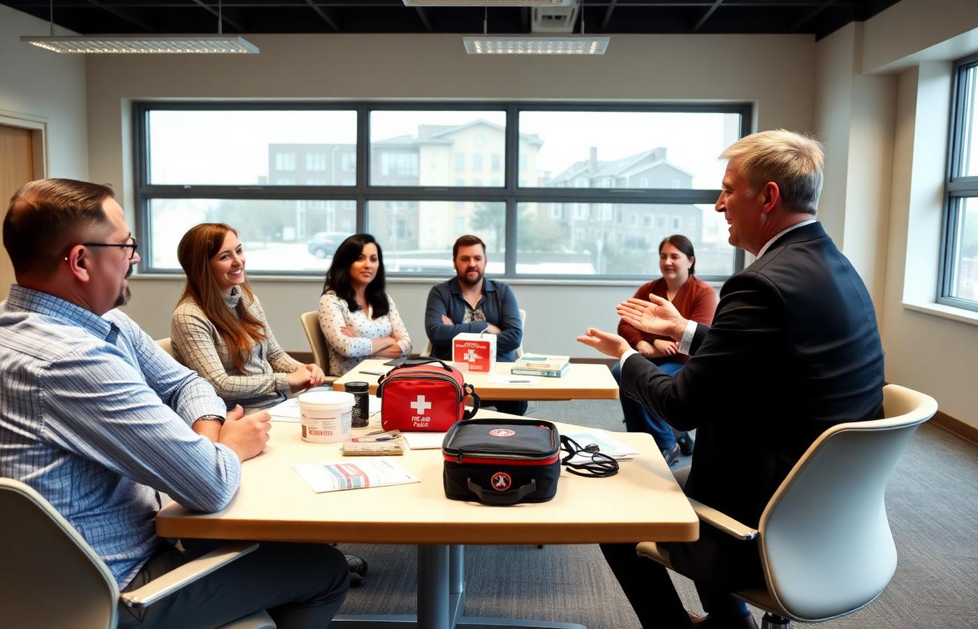 Small workplace first aid class seated around tables with first aid supplies
