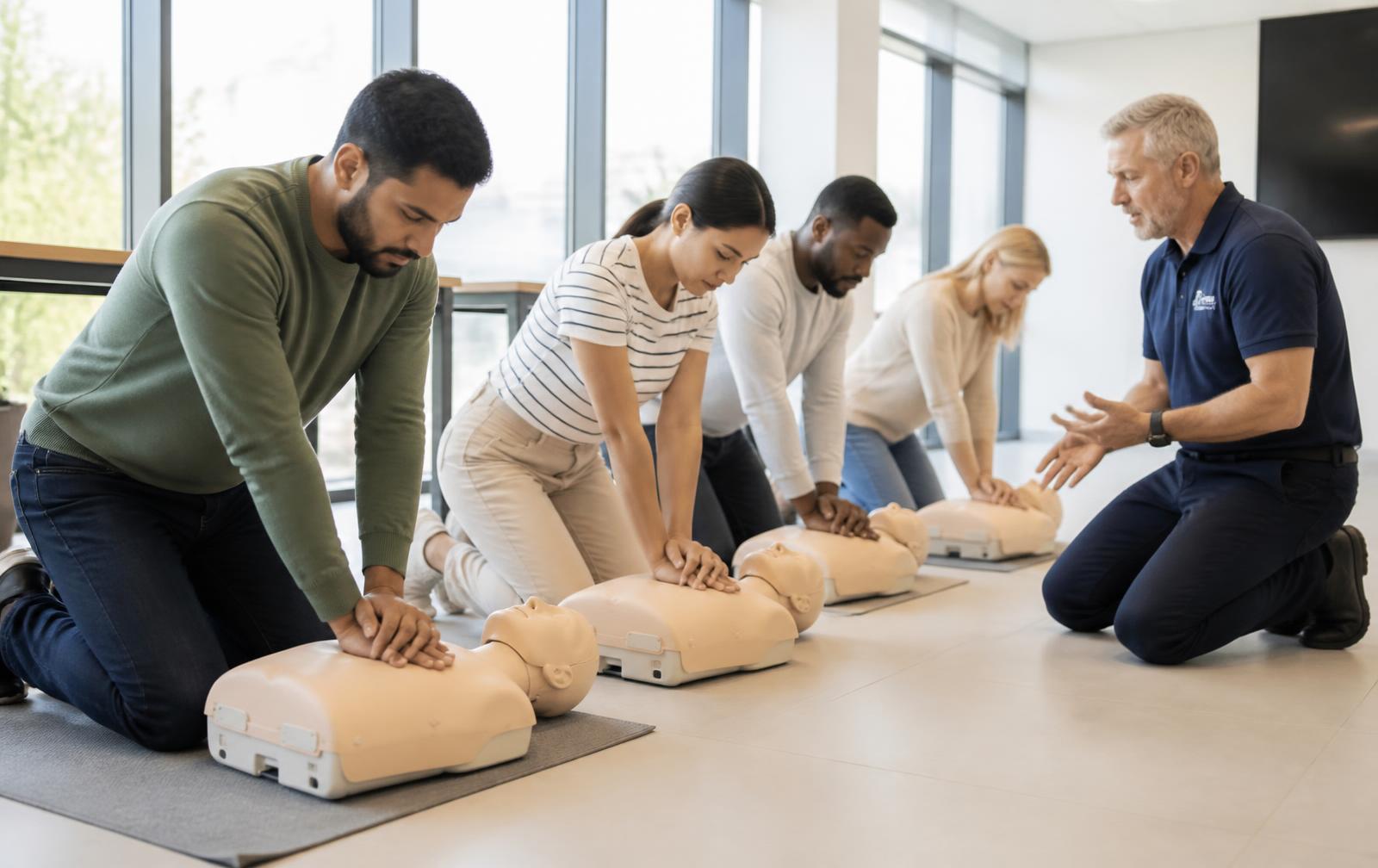 Adults practicing chest compressions on CPR training manikins during a hands-on class